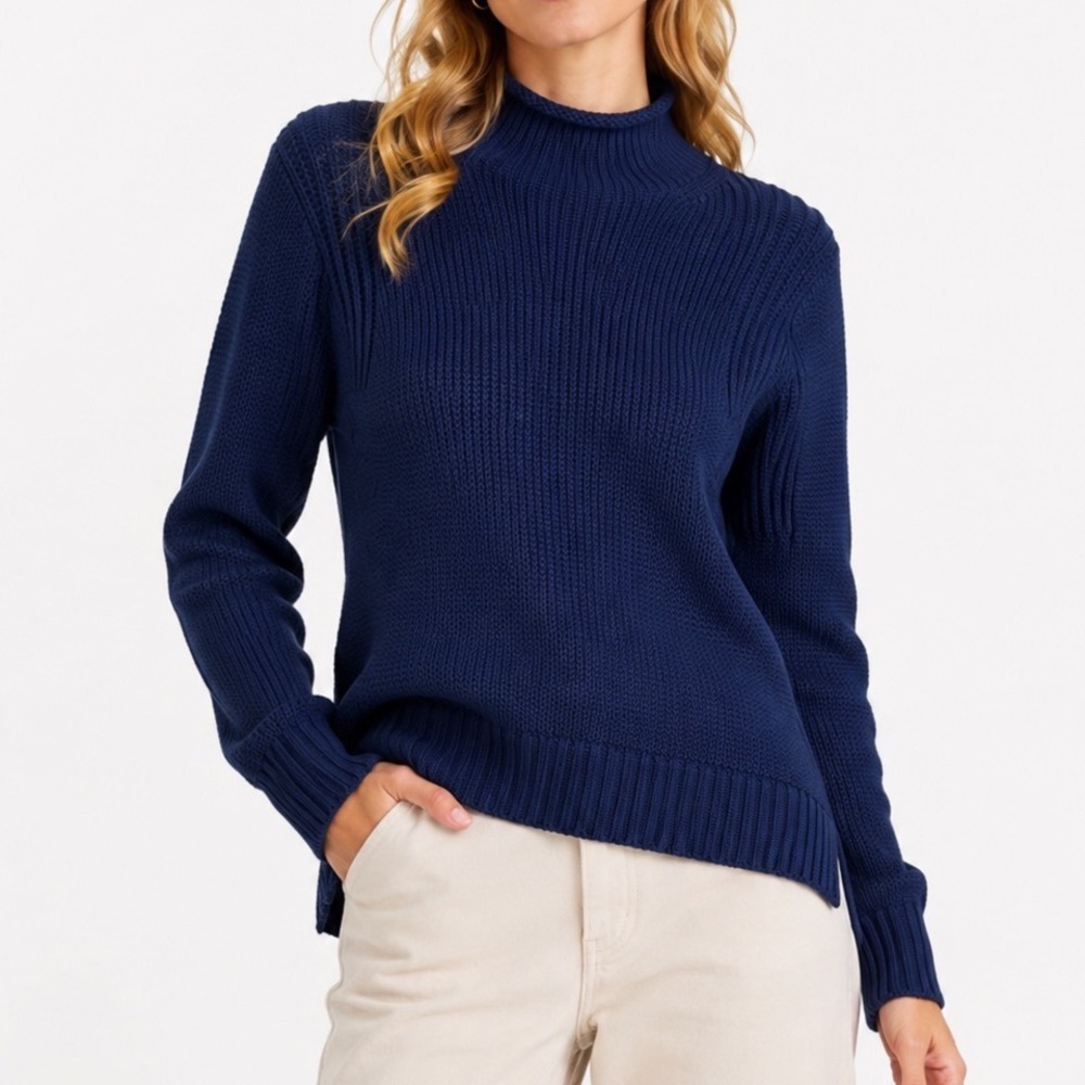J.Crew Womens Oarsman Navy Roll Neck Sweater 100% Cotton XXS Fisherman Knit